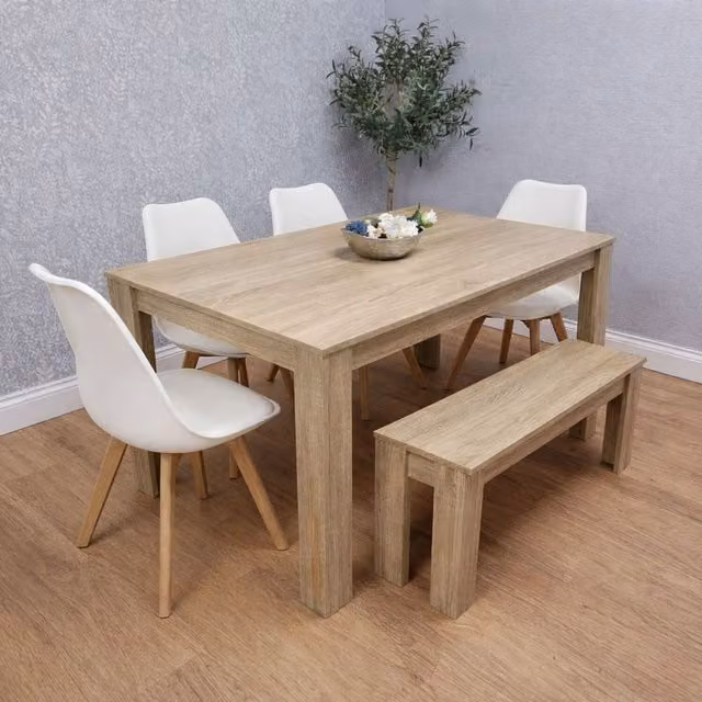 Kosy Koala 6-Piece Dining Set with Oak Effect Rectangular Table, 4 White Chairs and 1 Beige Bench
