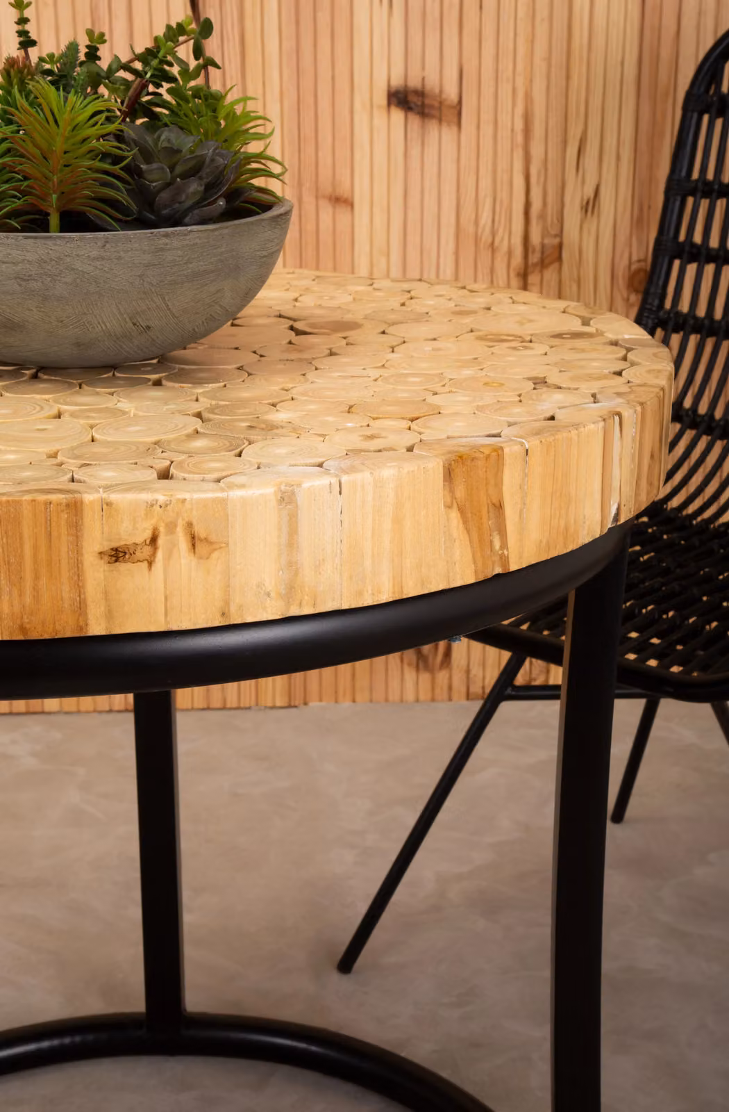 Fifty Five South Round Teak Wood Coffee Table with Black Metal Sled Base – 3