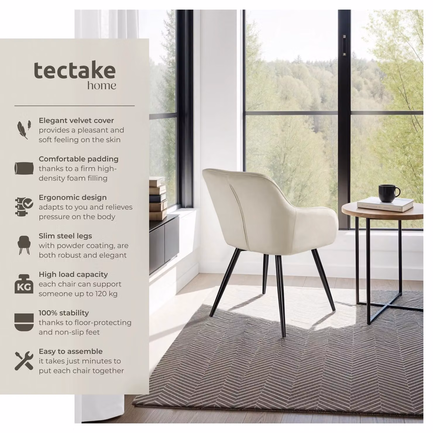 tectake Marilyn Set of 6 Velvet Dining Chairs in Cream and Black – 2