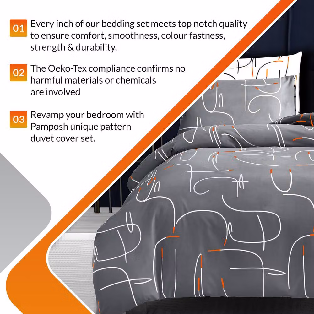 Pamposh Reversible Hypoallergenic Microfibre Duvet Cover and Pillowcase Set, Grey, White and Orange, W: 180 cm, H: 200 cm – 6