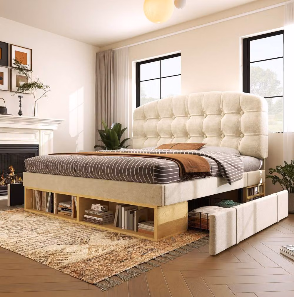 STILVORA Single Upholstered Bed Frame with Storage Drawers, Beige, W/D/H: 90 x 190 cm – 2
