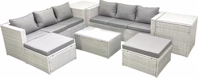 Fimous Garden 8 Seater PE Rattan Outdoor Furniture Set with 2 Large Footstools and 2 Side Tables in Light Grey Mixed