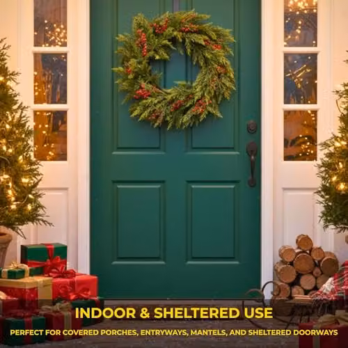 Shatchi Green and Red Christmas Wreath with Artificial Leaves and Berries, Diameter: 60 cm – 5