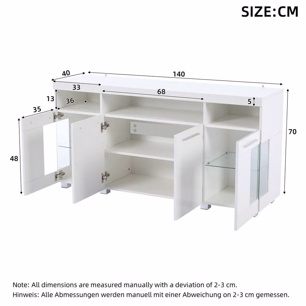 STILVORA Modern Glossy White Sideboard with Integrated LED Lighting and Glass Shelves, W: 140 cm – 3