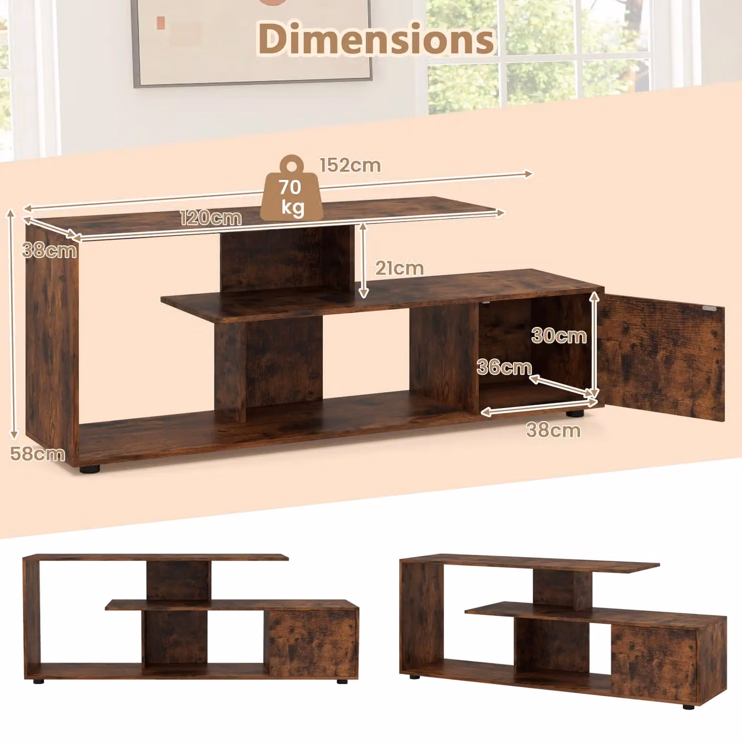 Costway 3-Tier Media Console TV Stand for TVs up to 55 inch, Brown – 2