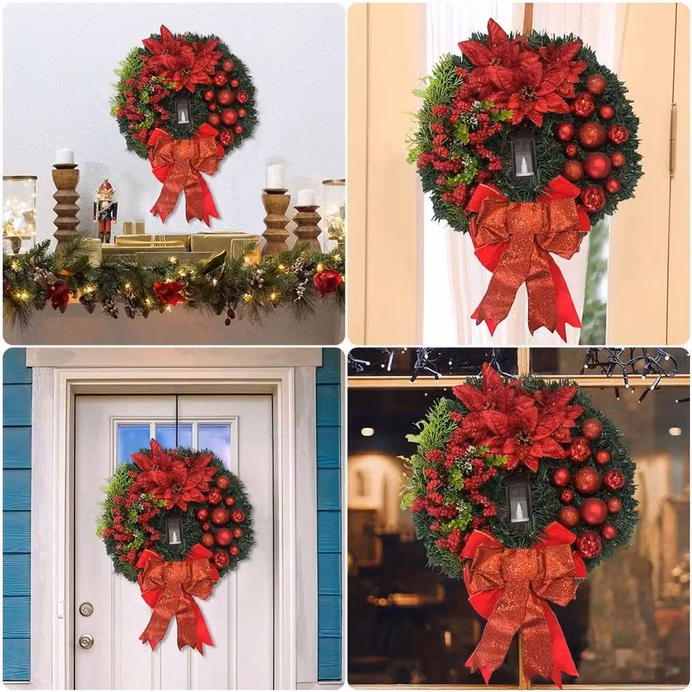 FLAVORA Large Red Christmas Lighting Wreath Garland with Warm White Lights, Diameter: 100 cm, Depth: 15 cm – 5