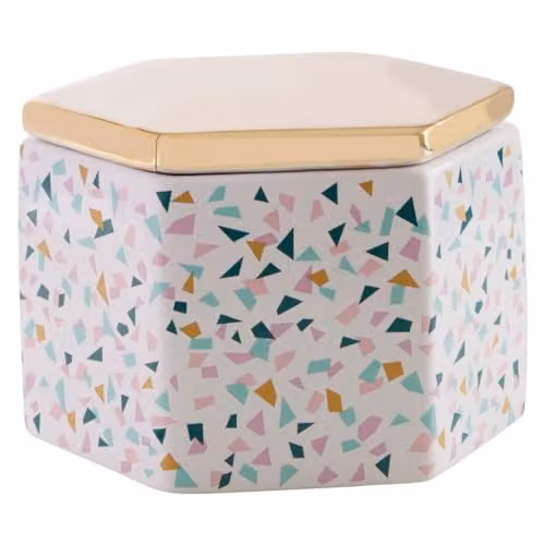 Orsina Hexagonal Ceramic Storage Jar with Terrazzo Flecks and Gold-Coated Lid, White and Multicolour Airtight Canister