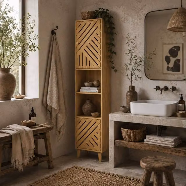 Wyld Haus Hami Tall Bathroom Cabinet with Bamboo Doors and Adjustable Shelves in Natural Brown, W/D/H: 32 x 32 x 170 cm