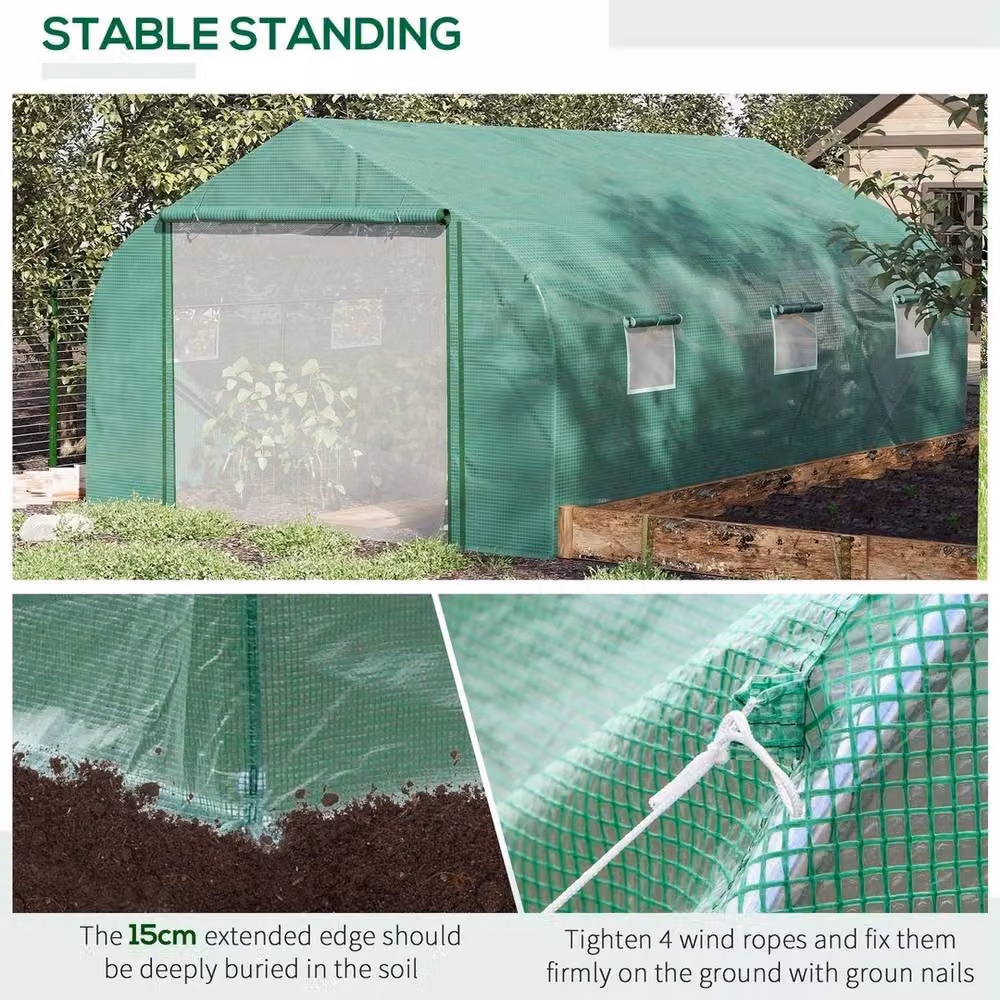 NESTLUNE Green Outdoor Tunnel Greenhouse with Roller Window and Growing Aid, W: 4.5 m, D: 3 m, H: 2 m – 3