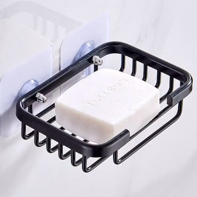 VOGREX Black Aluminium Bathroom Soap Dish with Suction and Drainage – 1