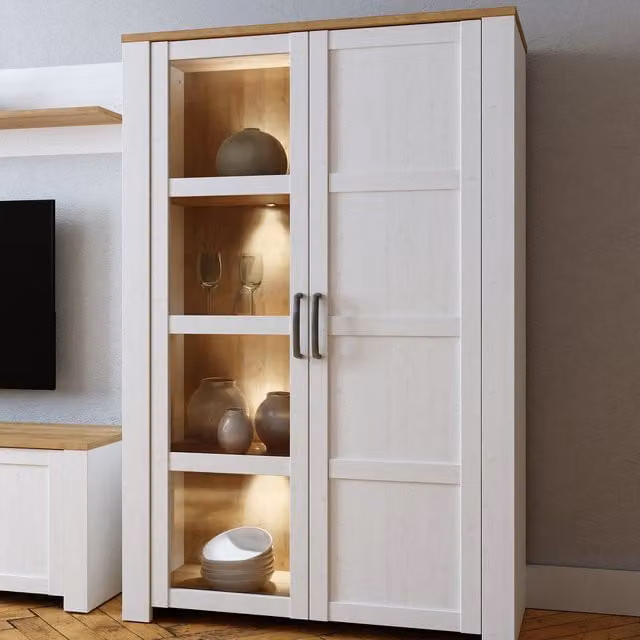 Furniture To Go Bohol White Display Cabinet with Glass Doors, Integrated Lighting and Soft Close Doors