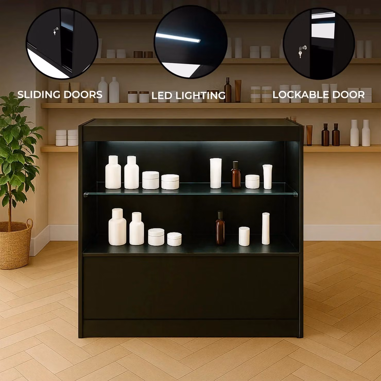 Monstershop C900 LED Retail Shop Counter in Black with Glass Sliding Doors and Integrated Lighting – 2