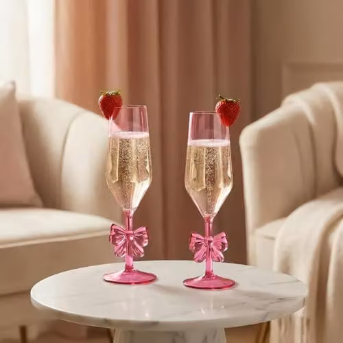 OHS Bow Plastic Champagne Flutes, Set of 2, Pink – 1