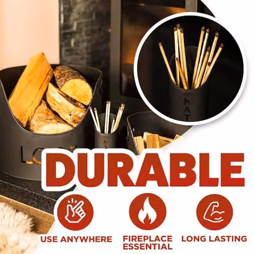 Marco Paul 3-Piece Black Metal Fireplace Accessory Set Including Log Basket, Kindling Bucket and Matchstick Holder – 3