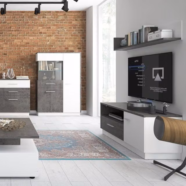 Alabana Low Display Cabinet in Slate Grey and White with Glass Doors and Left Hand Configuration