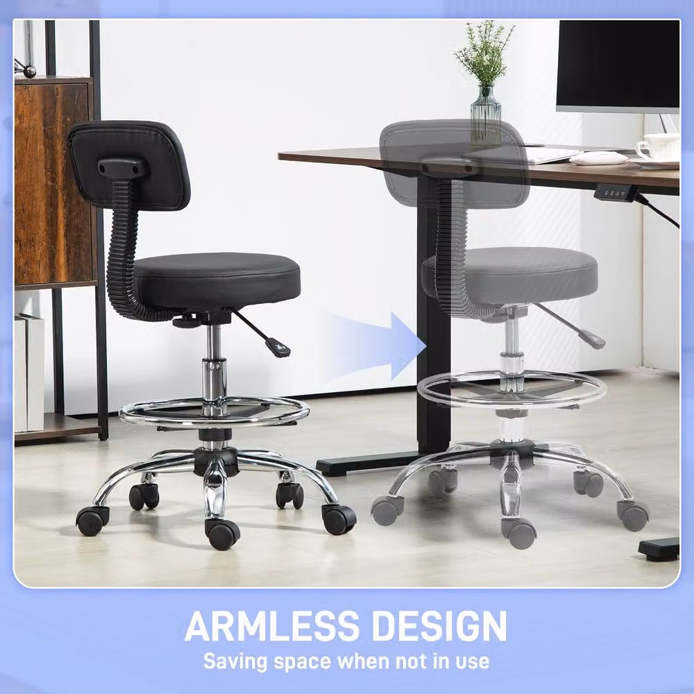 Rolipo Black Synthetic Leather Drafting Office Chair with Adjustable Height, Footring and 360 Degree Swivel – 6