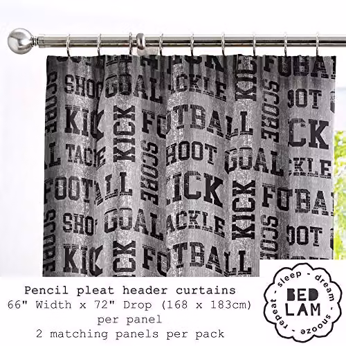 Bedlam Football Childrens Lined Pencil Pleat Curtains in Grey and Yellow, W: 168 cm, H: 183 cm – 2