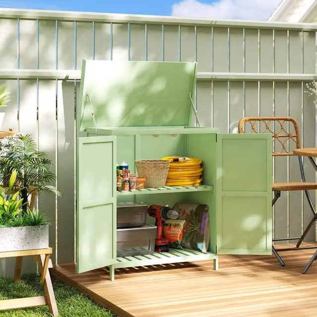 OUTSUNNY Green Wooden Garden Low Cabinet with Double Doors, Shelving and Roof Vent, W/D/H: 70 x 40 x 88 cm – 1
