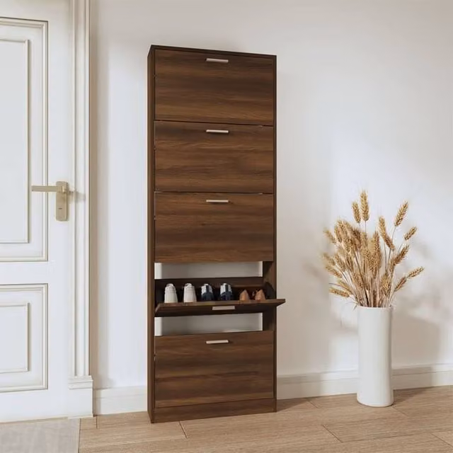 Berkfield Home Brown Oak Shoe Cabinet with Tilting Compartments, W: 59 cm, D: 17 cm, H: 169 cm
