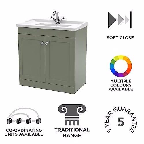 nuie Classique CLC826F Traditional Floor Standing 2 Door Bathroom Vanity Unit with 1 Tap Hole Ceramic Basin, Satin Green – 2