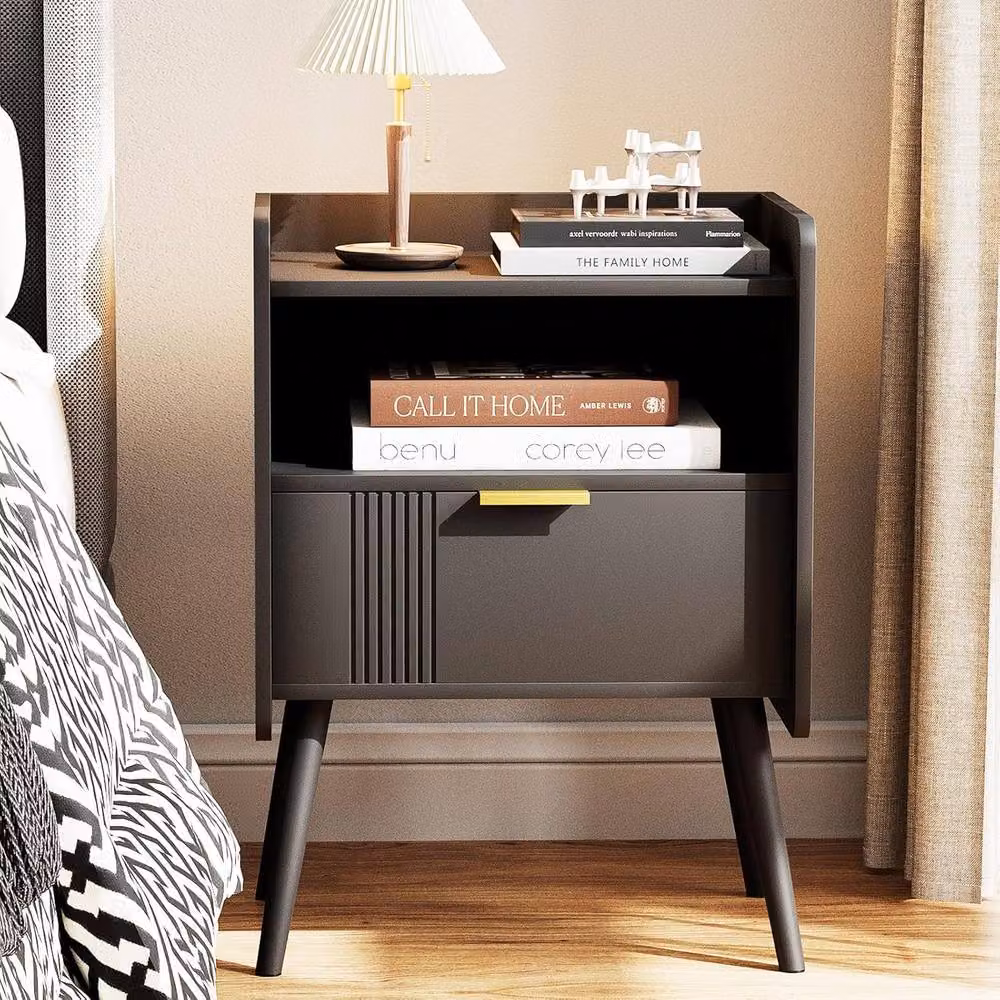 Huhote 2-Tier Wooden Bedside Cabinet with Drawers, Black, W/D/H: 41.4 x 30.0 x 29.97 cm – 2