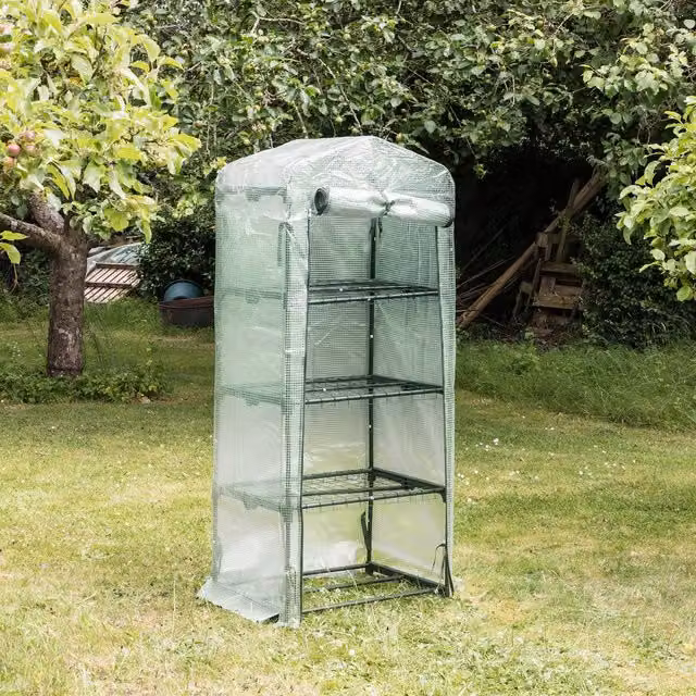 Harbour Housewares 4 Tier Mini Greenhouse with Shelving and Roller, White and Transparent, W/D/H: 91.44 x 91.44 x 167 cm
