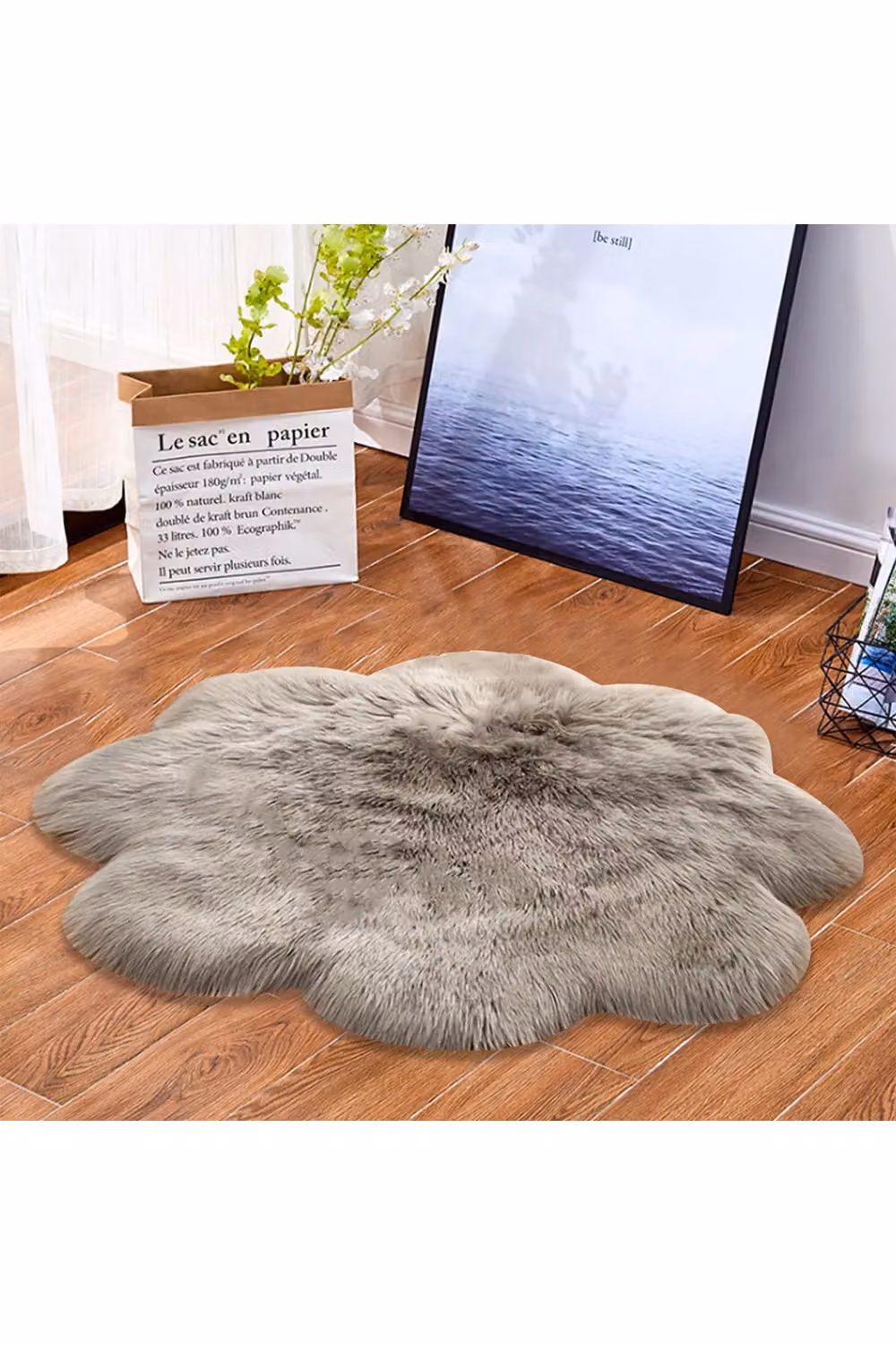 Living and Home Grey Faux Sheepskin Round Shaggy Rug, Diameter: 90 cm – 2