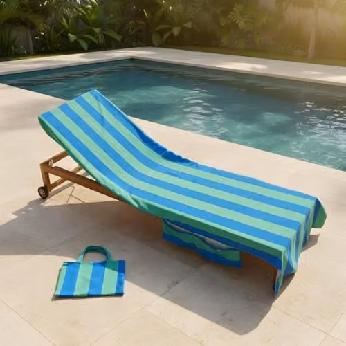 OHS Striped Microfibre Beach Towel with Pocket and Bag, Blue and Green, W: 75 cm, L: 215 cm – 1