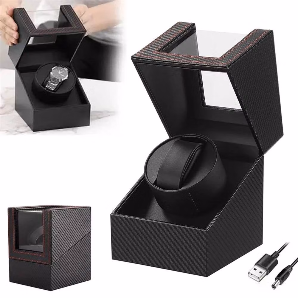 Havendro Single Automatic Watch Winder Display Case in Black Carbon Fiber with Transparent Lid – 3