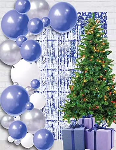 Netagon Blue Shimmer Tinsel Curtain with Reindeer and Christmas Tree Design, W: 1 m, H: 3 m – 3