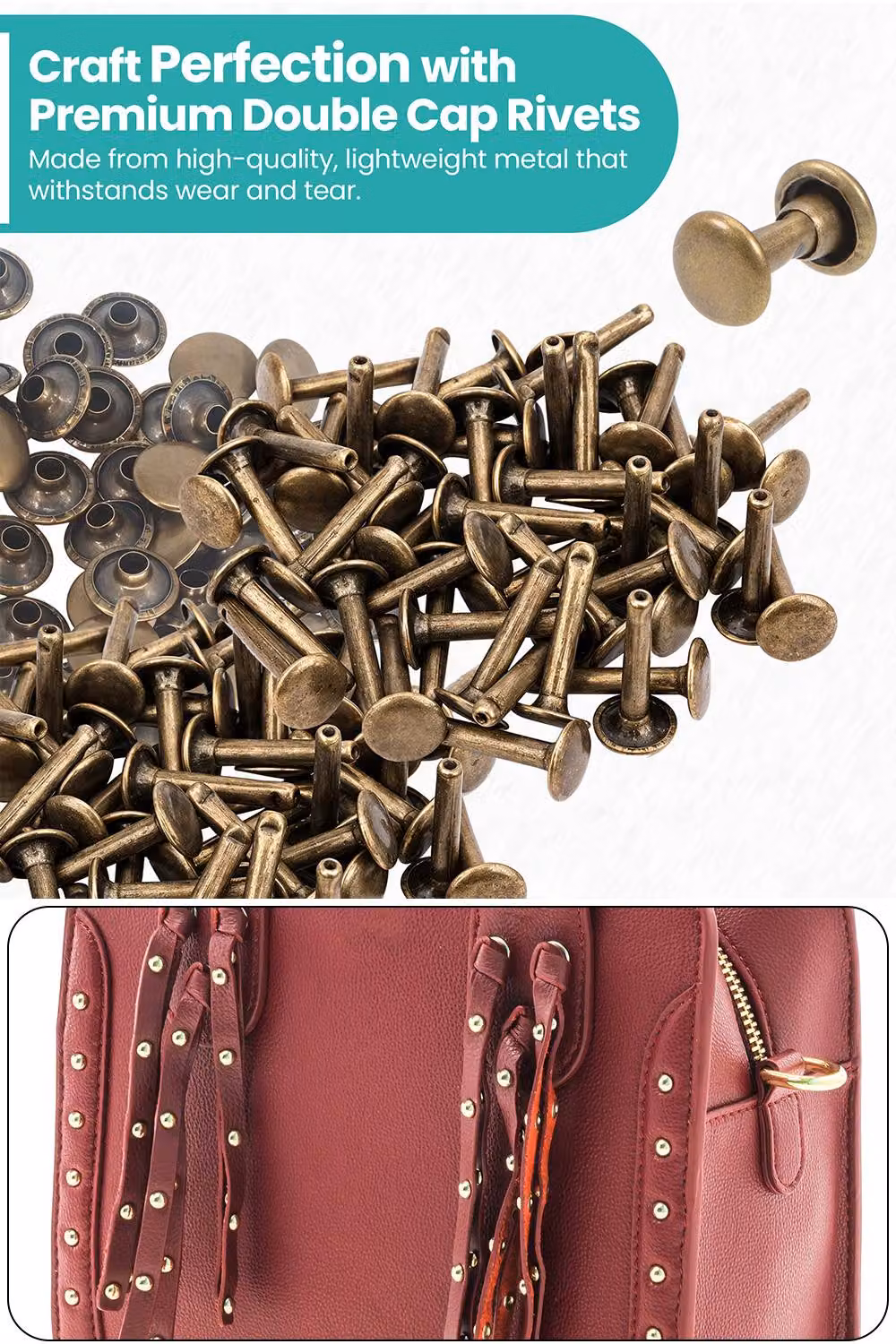 Neel Blue Extra Long Double Cap Studs, 50pcs Brass Tubular Rivets in Bronze, 8mm x 14mm – 4