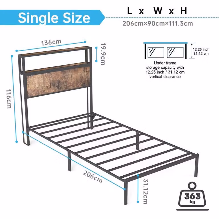 KORVIXA Single Metal and Wood Bed Frame with RGB Under-Bed LED Lighting in Black, W/D/H: 90 x 200 cm
