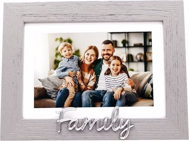 Happy Homewares Grey Woodgrain Effect Rectangular Single Family Picture Frame with Silver Letters – 1