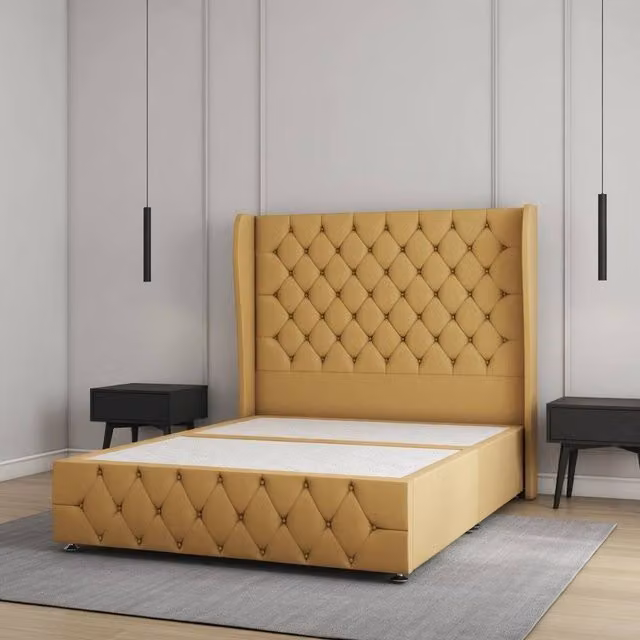 Regional Furnishings Super King Plush Velvet Divan Bed with 54 inch Headboard and Footboard in Mustard Yellow, W/D/H: 200 x 200 cm