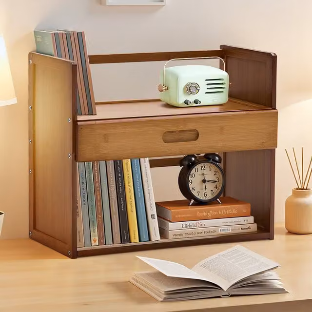 Livingandhome 2-Tier Bamboo Desktop Bookshelf with Drawer, Brown