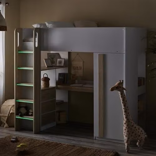 Julian Bowen Ocean White and Wood Single High Sleeper Bed Frame with Stairs and Drawers, H 196.0 x W 90 x D 178.5 cm