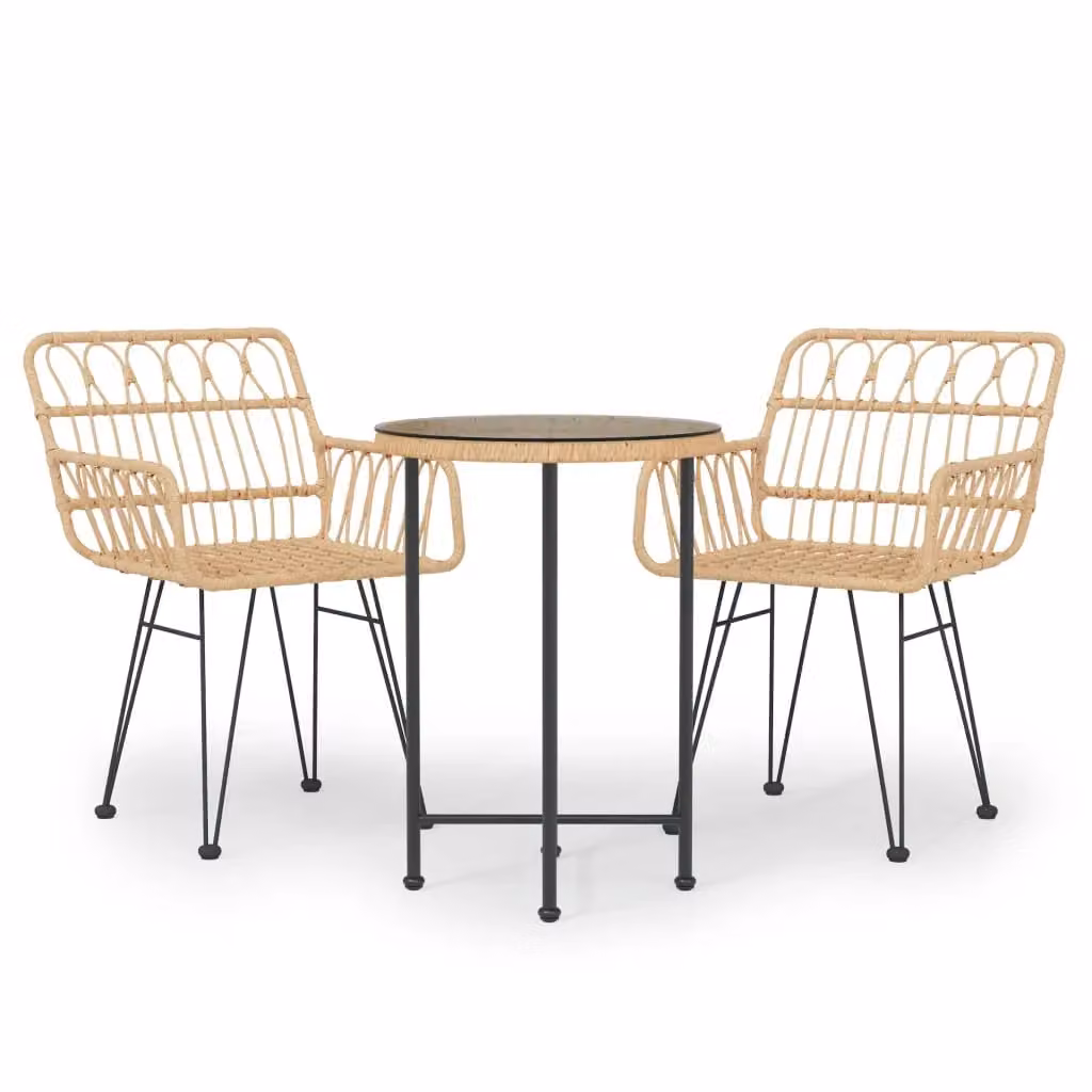 Berkfield Home 3 Piece Brown Poly Rattan Garden Dining Set with Round Glass Top Table – 2