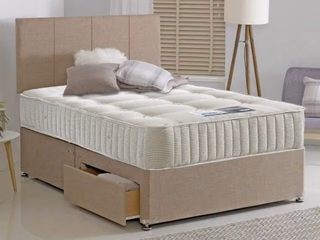 Dura Humber Crib 5 Contract Divan Bed, 5ft King Size, Beige Striped Fabric with Drawers
