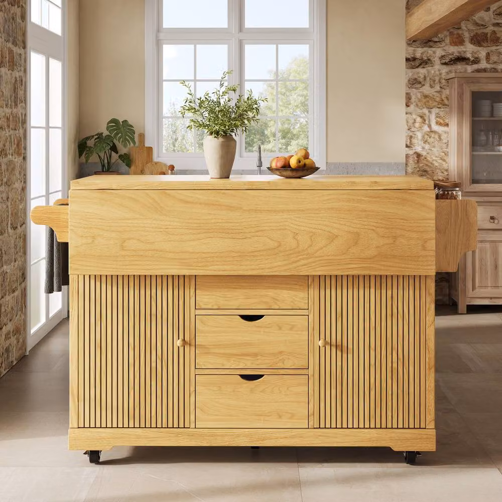 Merax Fluted Drop Leaf Kitchen Island Mobile Storage Trolley Cabinet in Brown, W/D/H: 142.5 x 40.0 x 95.0 cm – 2