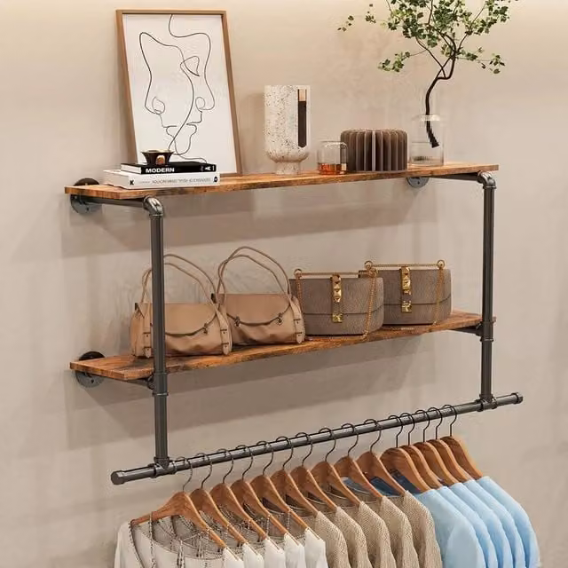 EONLION Industrial Wall Mounted Pipe Clothes Rail and Garment Rack in Black and Dark Brown, Width: 50 cm – 1