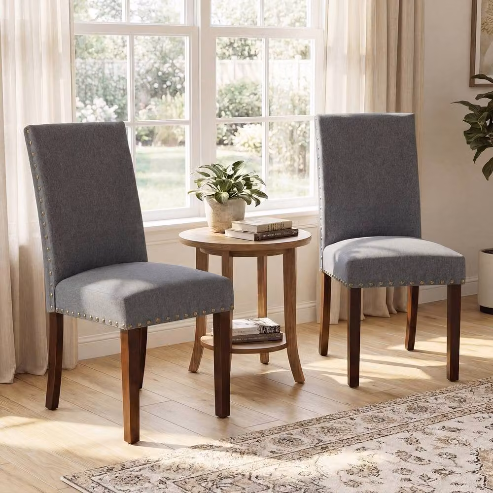 Costway Set of 2 Grey Upholstered High Back Dining Chairs with Rubberwood Legs – 3