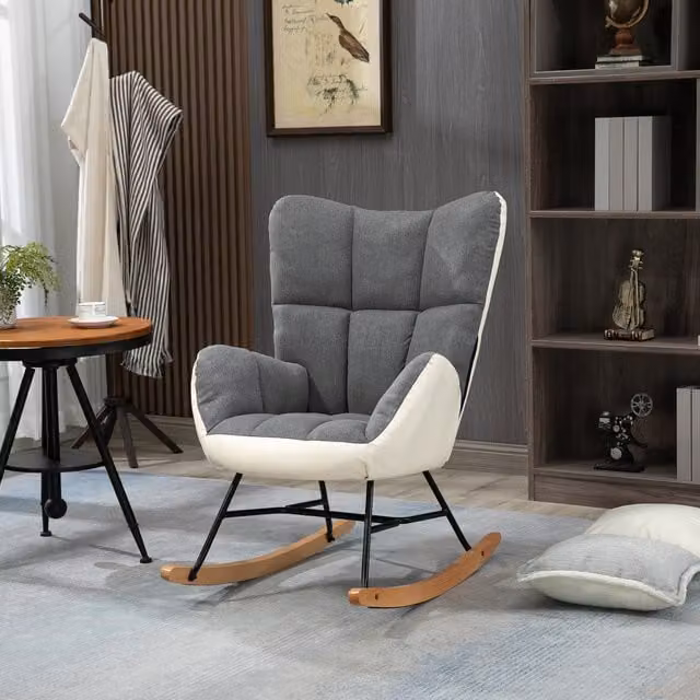 HOMCOM Modern Grey Fabric Rocking Chair with Armrests and Wood Base for Living Room or Bedroom