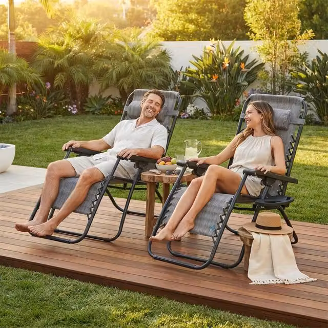 Alivio Set of 2 Heavy-Duty Zero Gravity Reclining Sunloungers in Grey with Adjustable Headrests and Cup Holders – 1