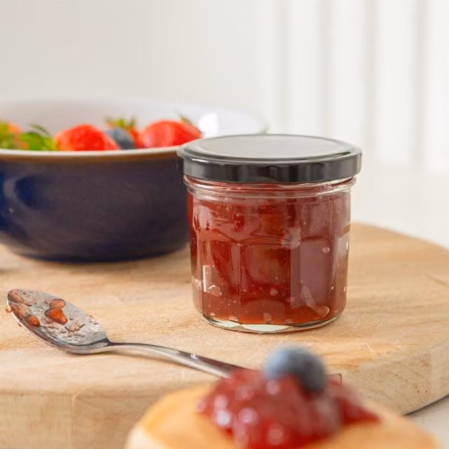 Argon Tableware Set of 12 Black Glass Jam Jars with Metal Screw Lids, 130ml