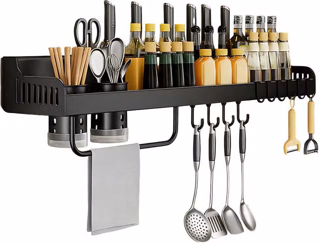 Lifeideas Wall Mounted Metal Kitchen Utensil Rack with 2 Holders, Black, Width: 50 cm