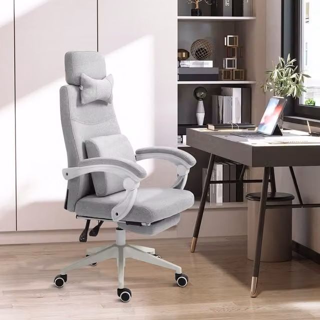 Vinsetto Grey Fabric Home Office Task Chair with 360 Degree Swivel, Headrest and Footrest – 1