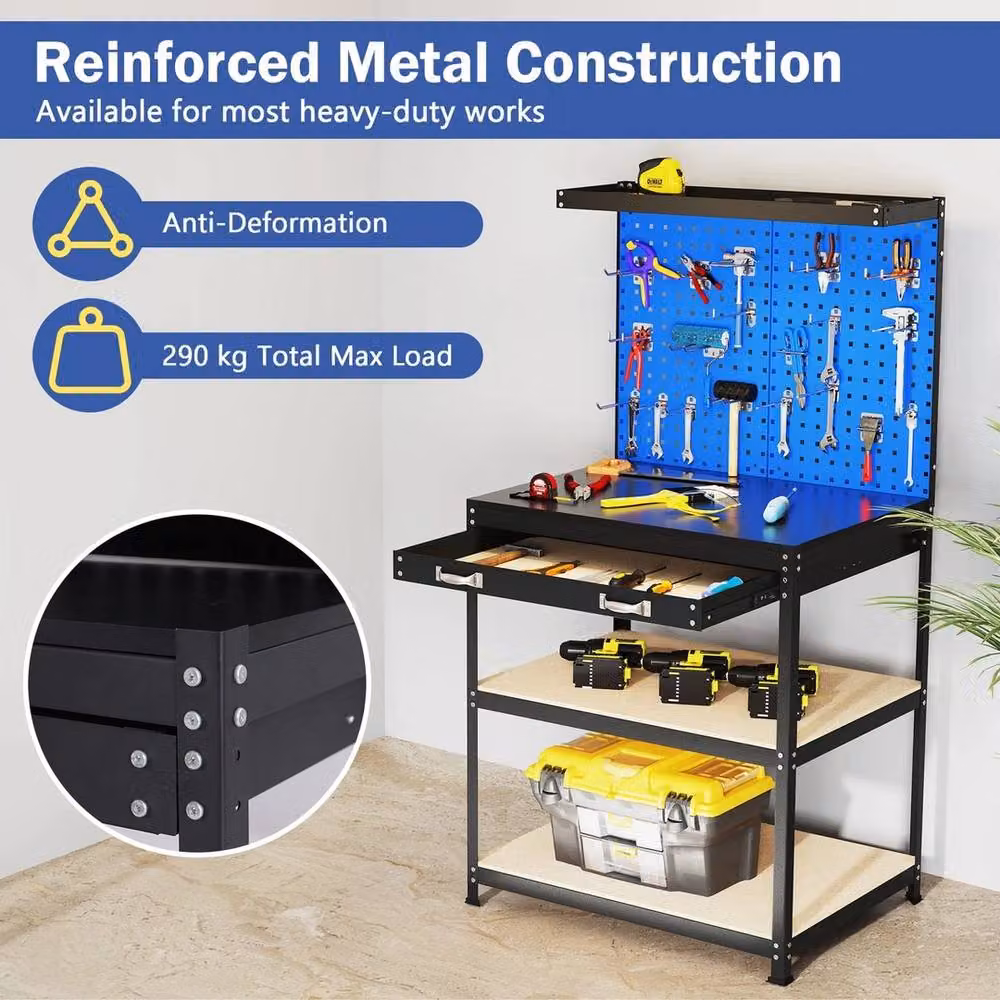 VOGREX Heavy-Duty Metal Workbench with Pegboard in Black and Blue, W: 81 cm, D: 41 cm, H: 156 cm – 5