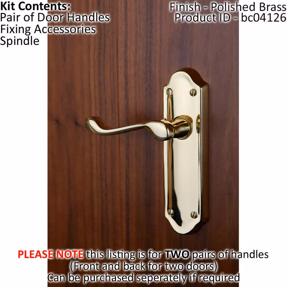 Loops 2x Pair Victorian Upturned Handle on Latch Backplate, Polished Brass, 168 x 47 mm – 2