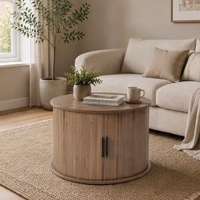Home Source Grova Round Coffee Table in Walnut Effect Brown and Black