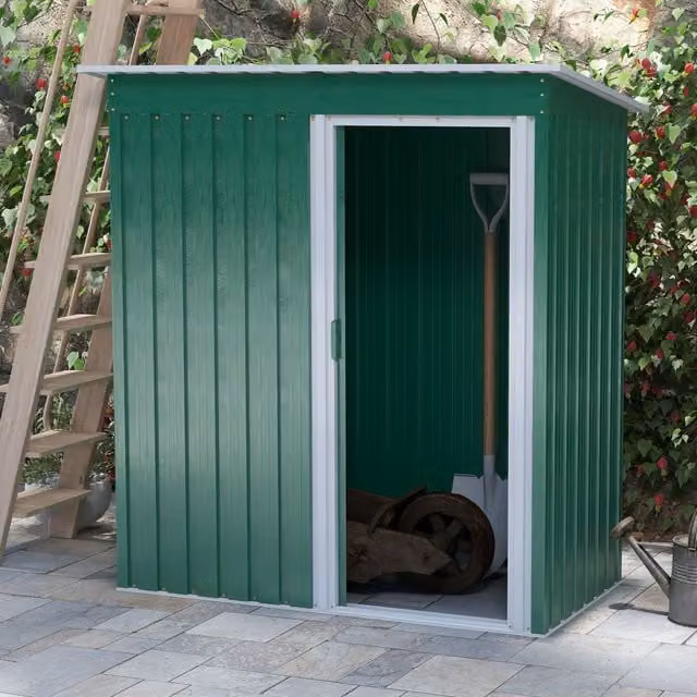 Outsunny Green Metal Pent Garden Storage Shed with Sliding Doors, W/D/H: 152.4 x 91.44 x 152.4 cm